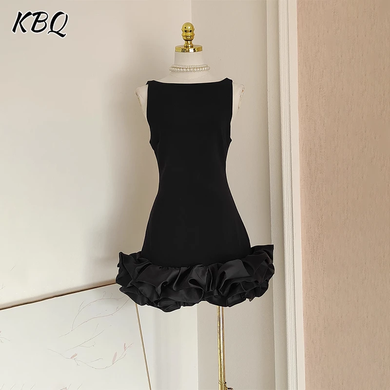 KBQ French Style Fungus Edge Dresses for Women Round Neck Sleeveelss Cinching Slim Backless Sleeveless Small Dress Female New