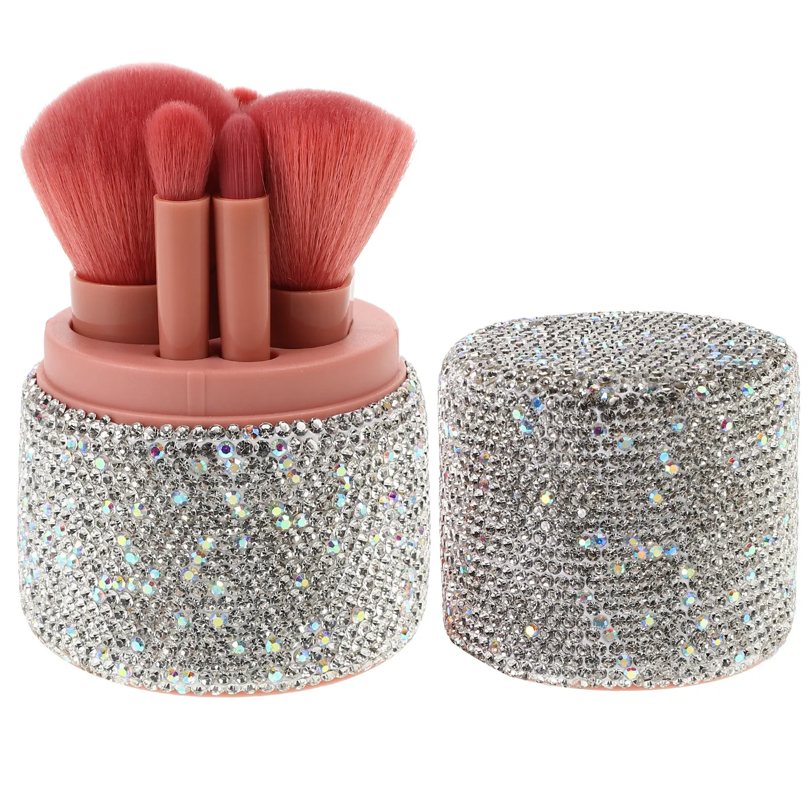 مجموعة منظم فرش المكياج المزين بالكريستال اللامع، حافظة محمولة للسفر، حامل لفرش الوجه والعين والبودرة