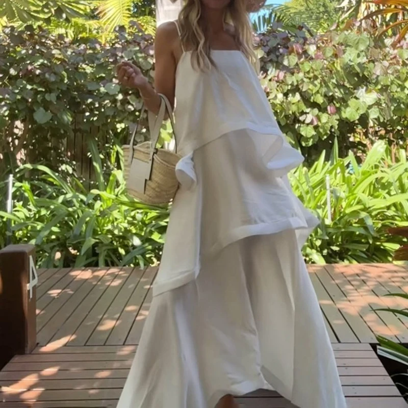 Moda chique cor sólida um ombro vestido de festa sexy em camadas plissado verão estilingue vestido verão casual branco vestido longo