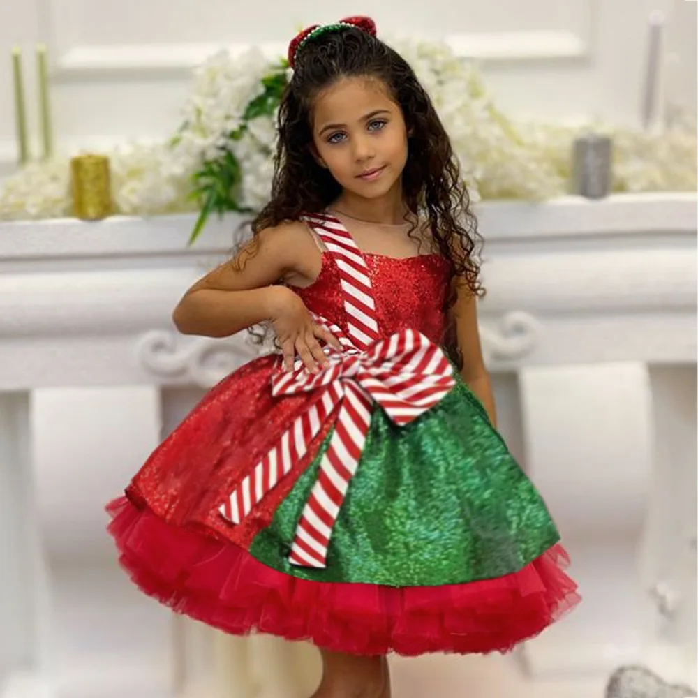 Children's dress 0-12 years old striped bow cute Christmas party elegant mesh fluffy red party sleeveless girl princess dress