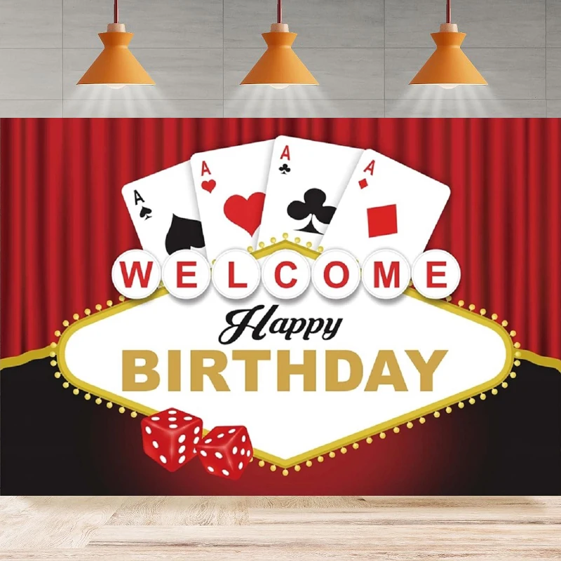 Photography Backdrop Poker Dice Welcome Happy Birthday Background Gamble Casino Las Vegas Good Luck Party Backdrop Wall Banner