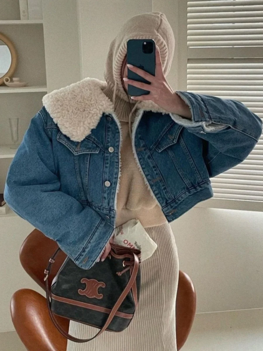 

Женское джинсовое джинсовое платье свободного кроя с меховой подкладкой ягненка в стиле ретро, осенне-зимнее теплое хлопковое пальто с воротником на ягодицах...