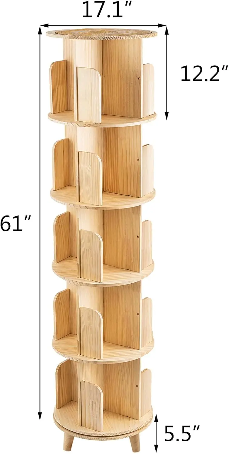 5 Tier Rotating Bookcase With Legs,360°Display Wood Round Bookshelf,Swivel Bookcase