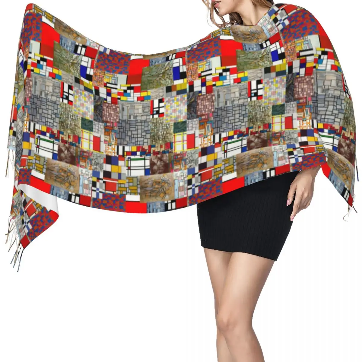 Piet Mondrian De Stijl bufanda De arte abstracto para mujer, chal largo y cálido con borlas, bufandas versátiles De moda Unisex, Invierno