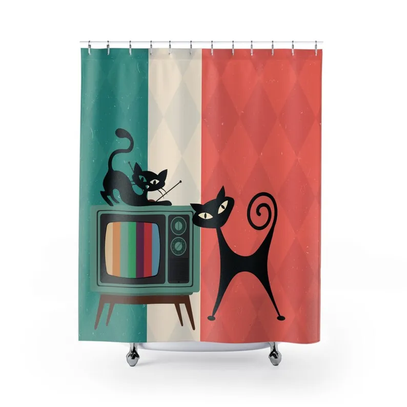 Atomic Cat Retro TV Shower Curtain, Vibrant MCM Bath Curtain, Nostalgic Bathroom Decor