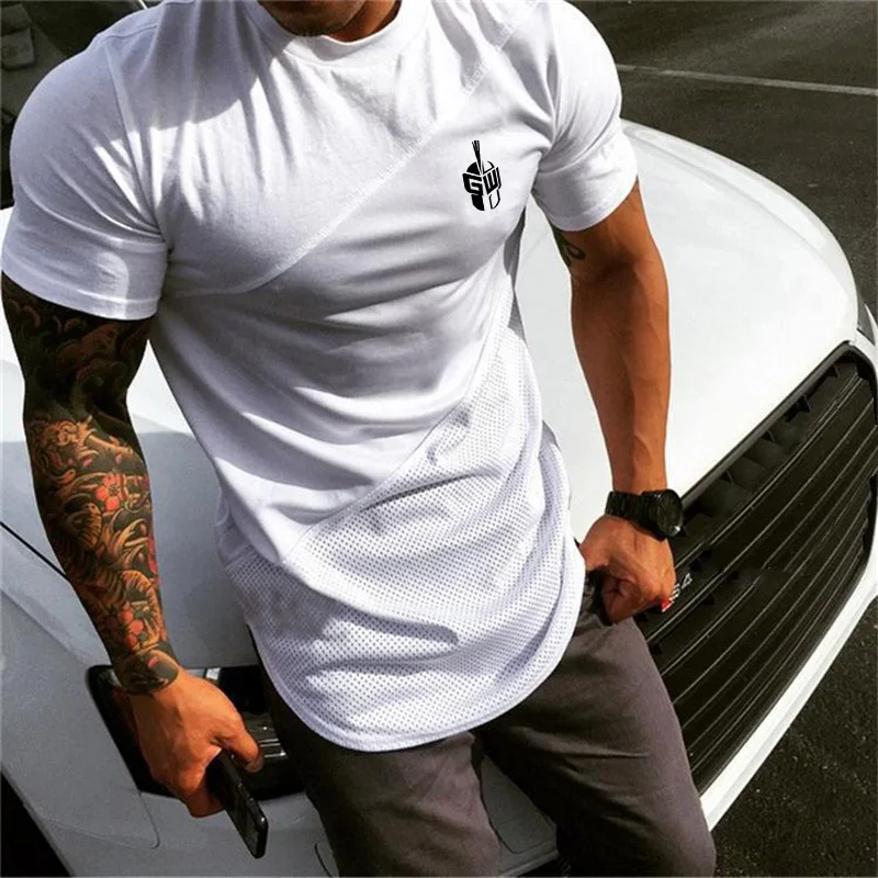 Herren Lauf-Sport-T-Shirt Atmungsaktives Sommer-Shirt Muskel-Jungs Mode Baumwolle Patchwork Mesh Kleidung Fitnessstudio Bodybuilding Fitness