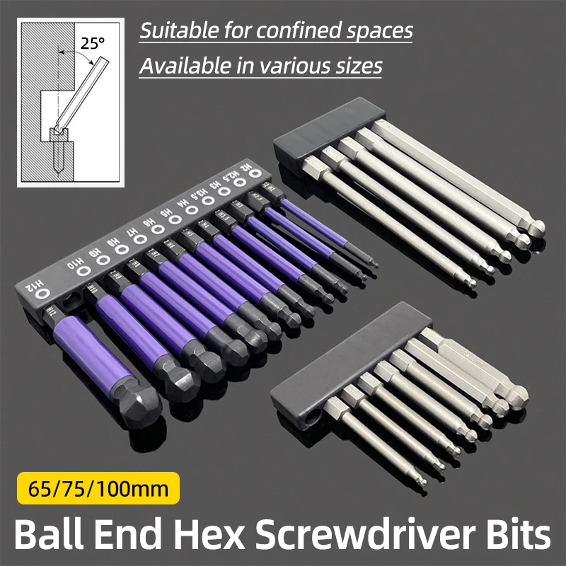 Ball End Hex Screwdriver Bits Set Magnetic 65/75/100mm H2-H12 1/4" Hexagon Head Allen Wrench S2 Drill Bit Ratchet Wrench Tools