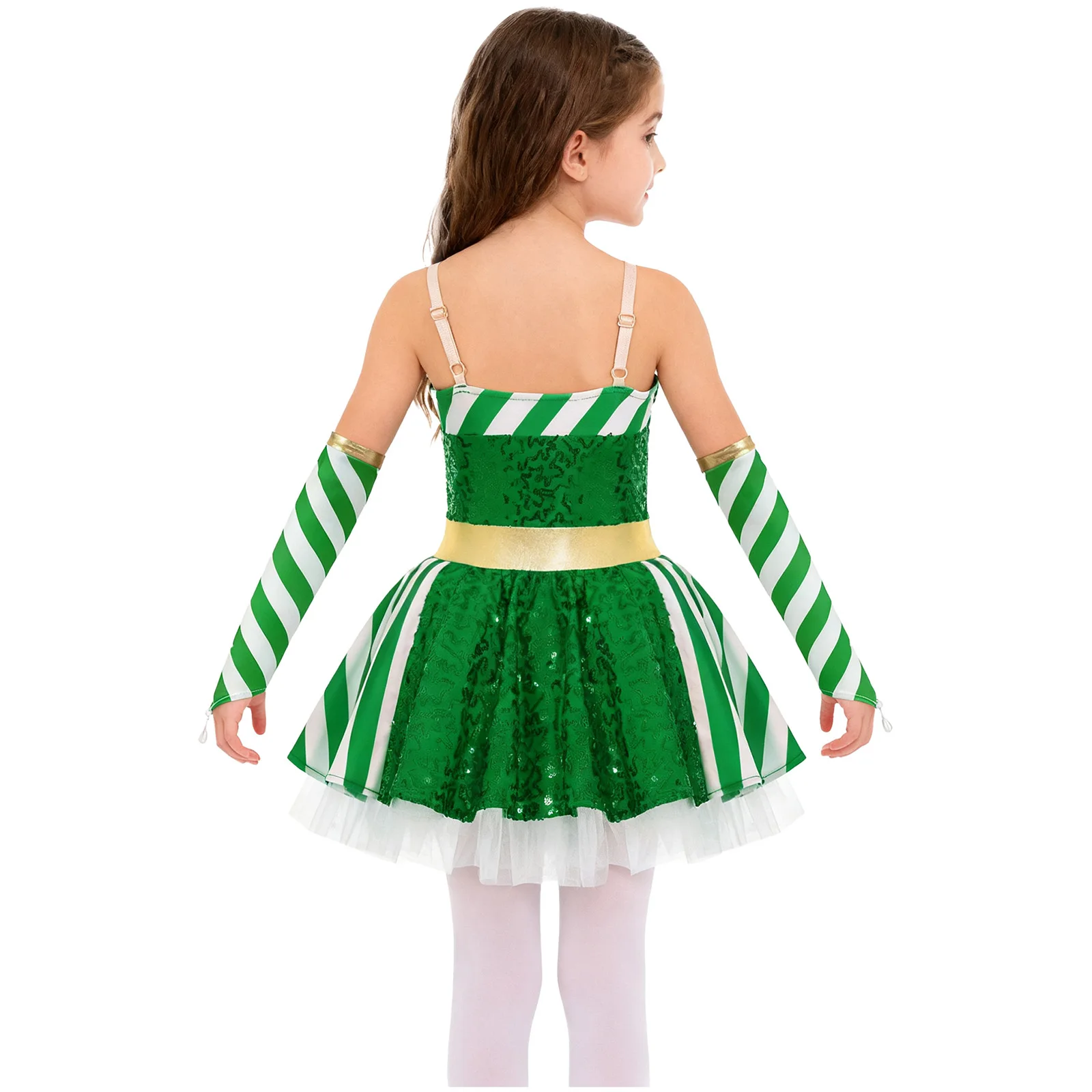 Girls Christmas Ballet Dance Figure Skating Dress Shiny Sequin Striped Tutu Leotard with Sleeves Holiday Carnival Party Costume