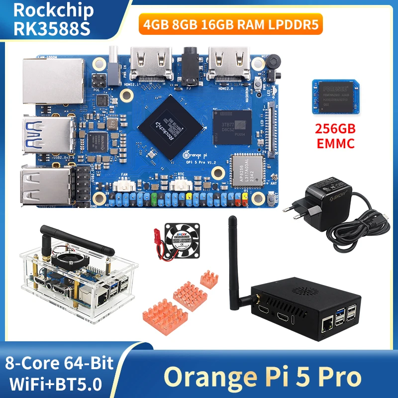 Orange Pi 5 Pro 16GB 8GB 4GB RAM Rockchip RK3588S 8 núcleos 64 bits Gigabit Ethernet WiFi + BT5.0 BLE SBC placa opcional 256G EMMC