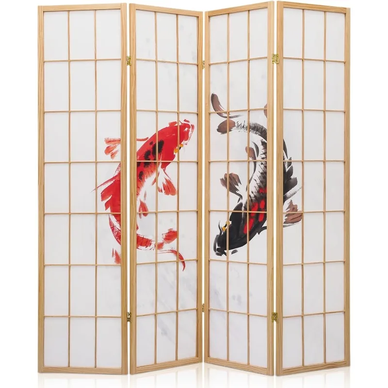 Japanese Room Dividers 4-Panel Lifelike Koi Fish Decor Shoji Screen, 5.9 ft Portable Room Separating Divider