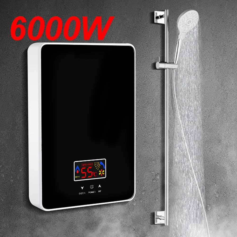 Calentador de agua eléctrico instantáneo sin depósito, calentador de agua caliente de 220V y 6000W con pantalla LCD, para baño y cocina