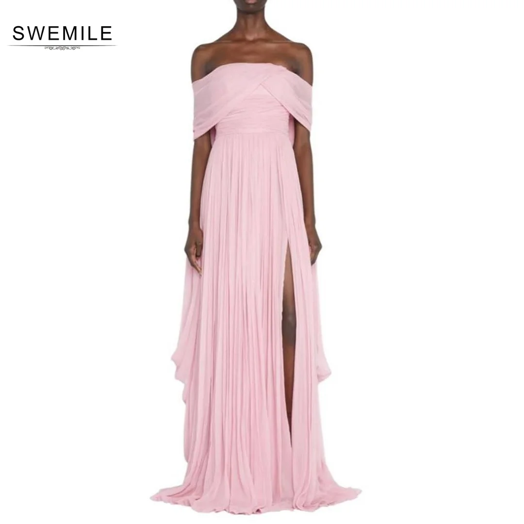 SWEMILE Pink A-Line High Slit Strapless Floor-Length Chiffon Zipper Up Short Sleeves Lining Formal Occasion Dresses Prom Dresses