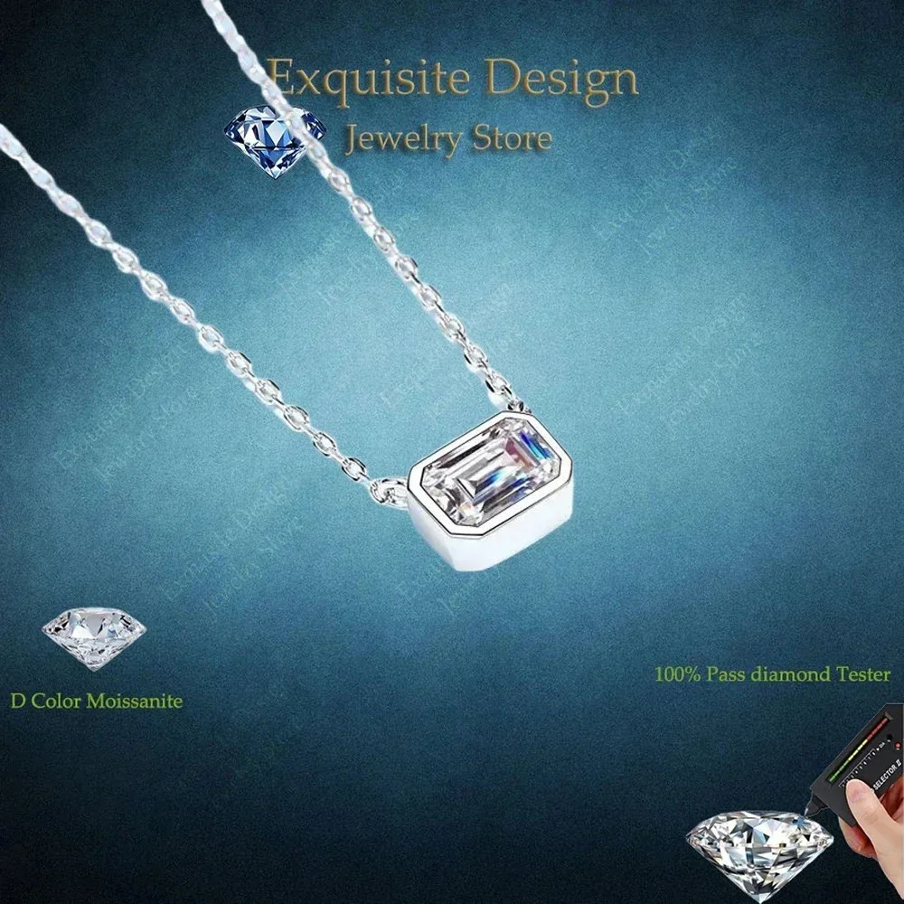 Exquisite Design Sugar 1ct Moissanite Emerald Cut Choker Pendant Necklace, PT950 Platinum Collarbone Chain Women's Jewelry Gift