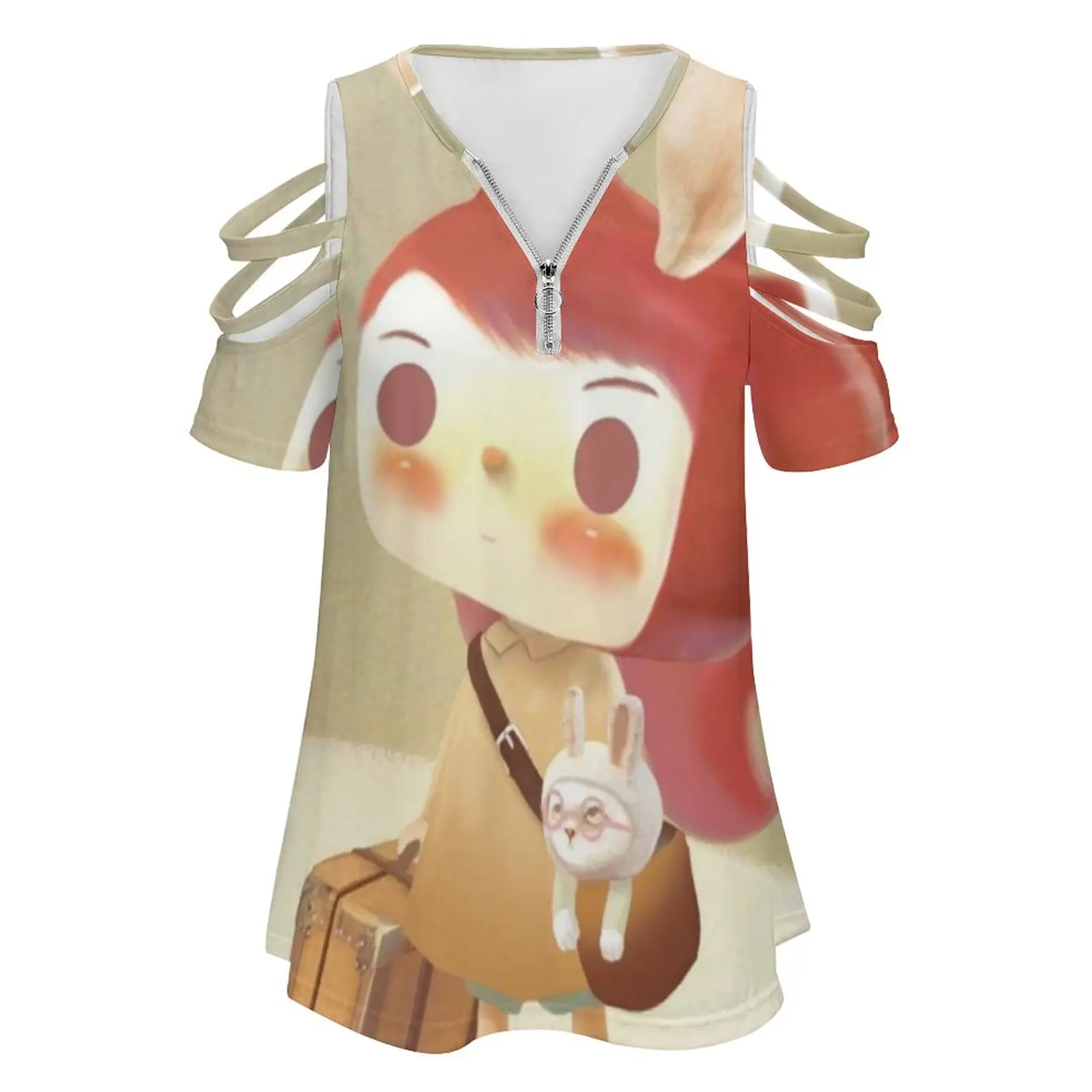 Little Girl With A Suitcase Lost In The Forest New Fashion Zip Off Shoulder Top Short-Sleeve Women Shirt Cute Kawaii Bunny