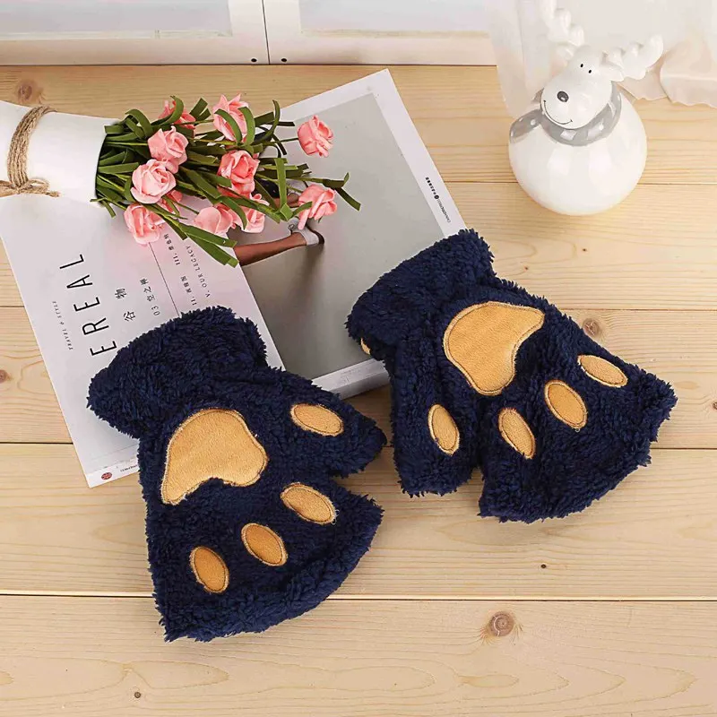 Frauen Cartoon Katze Klaue Handschuhe Verdickt Plüsch Schöne Stil Bärentatze Ausgesetzt Finger Halb Winter Fäustlinge Warme Mädchen Geschenk Handschuhe