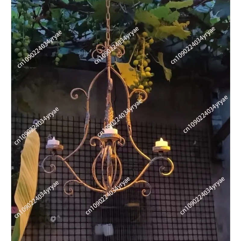 Vintage Hanging Candle Holder Chandelier, 4 Glass Votives, Scrollwork Iron Design, 39 x 27 inch