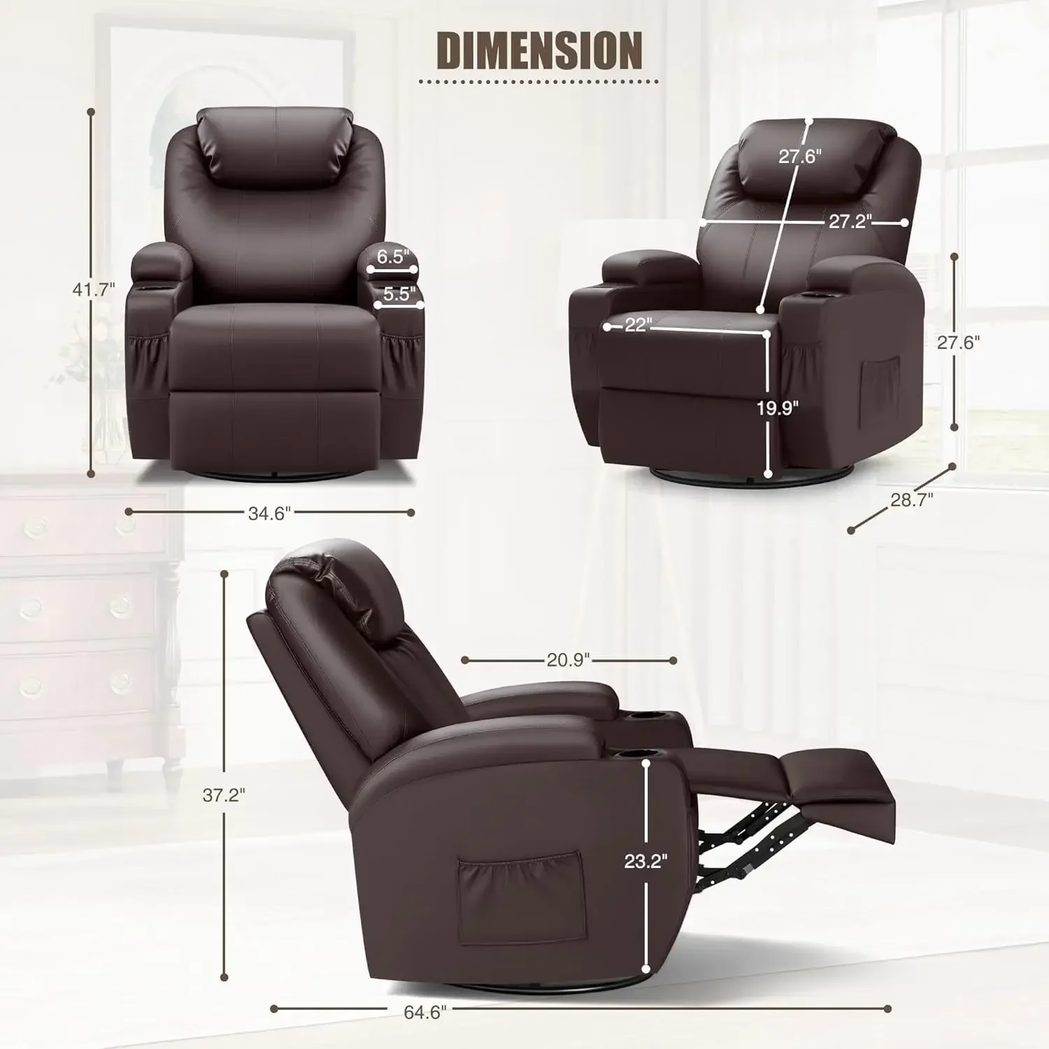 Recliner Chair, Rocking Massage Chairs, Home Reclining Sofa Chair, PU Leather, Ergonomic Living Room Chair