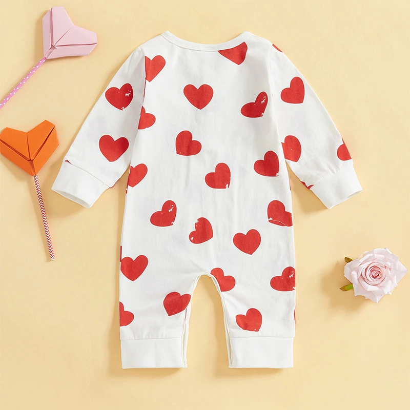 Mono para bebé del Día de San Valentín con estampado de corazón, cuello redondo, manga larga, medio broche, mameluco de otoño