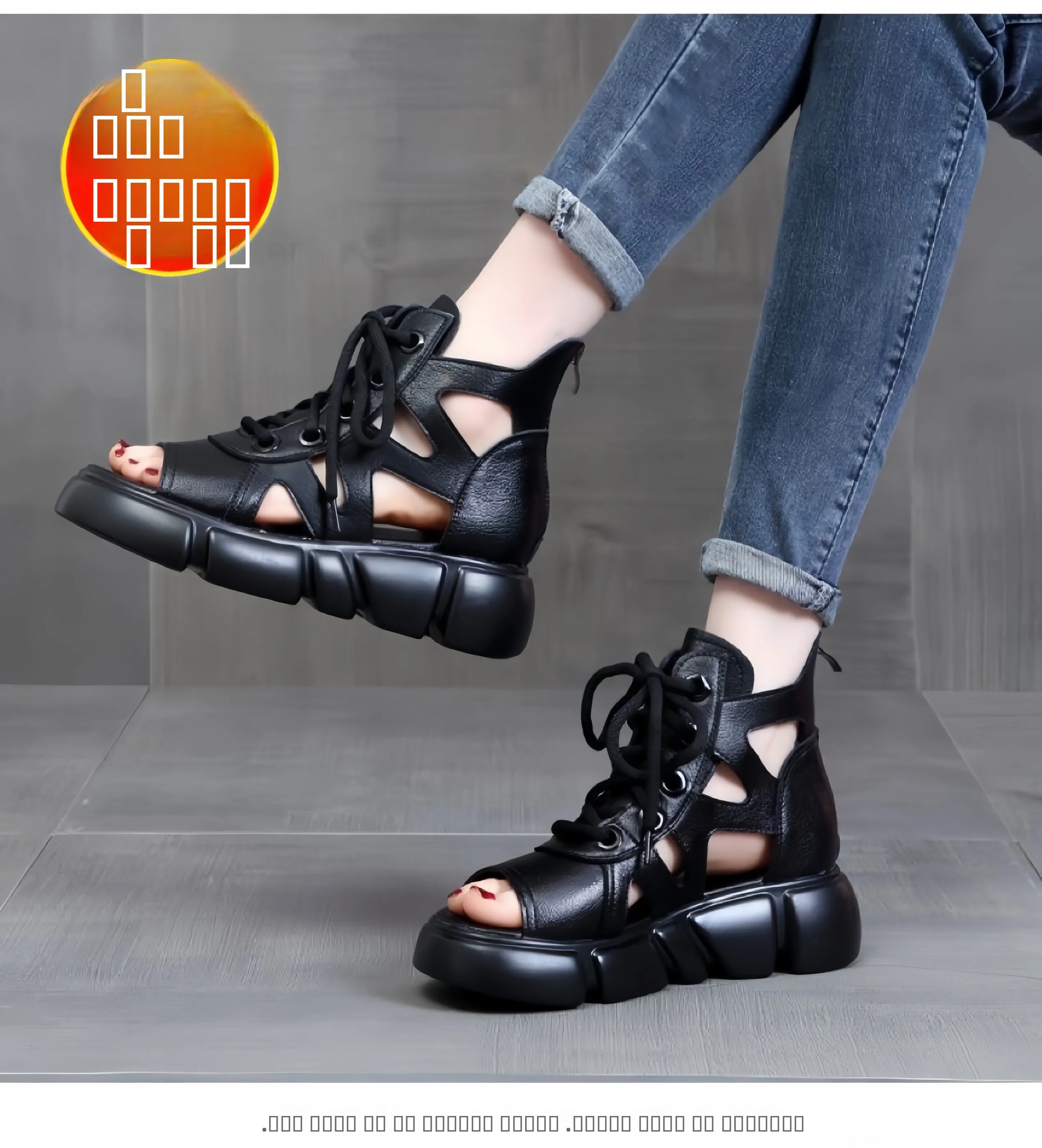 

Leather Roman Style Sandals Women's Thick Bottom Anti-slip Hollow out Casual Summer Shoes Cross Band Low Cut Rubber Sole