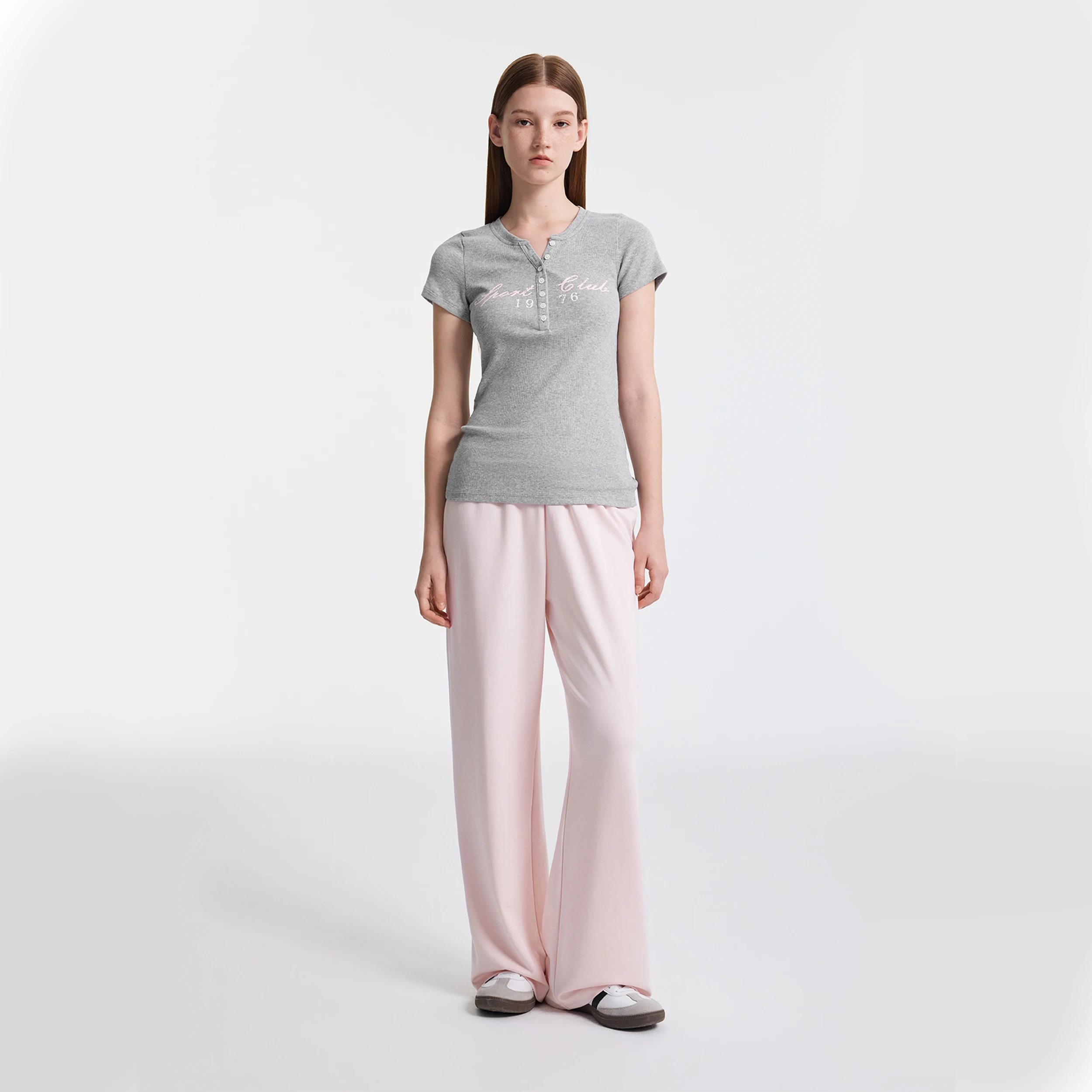 YESCCI Women Short Sleeve Tee O-Neck Half Placket Letter Print Slim Stretch Top 2026 Summer New Casual Vintage T-shirt S56311755