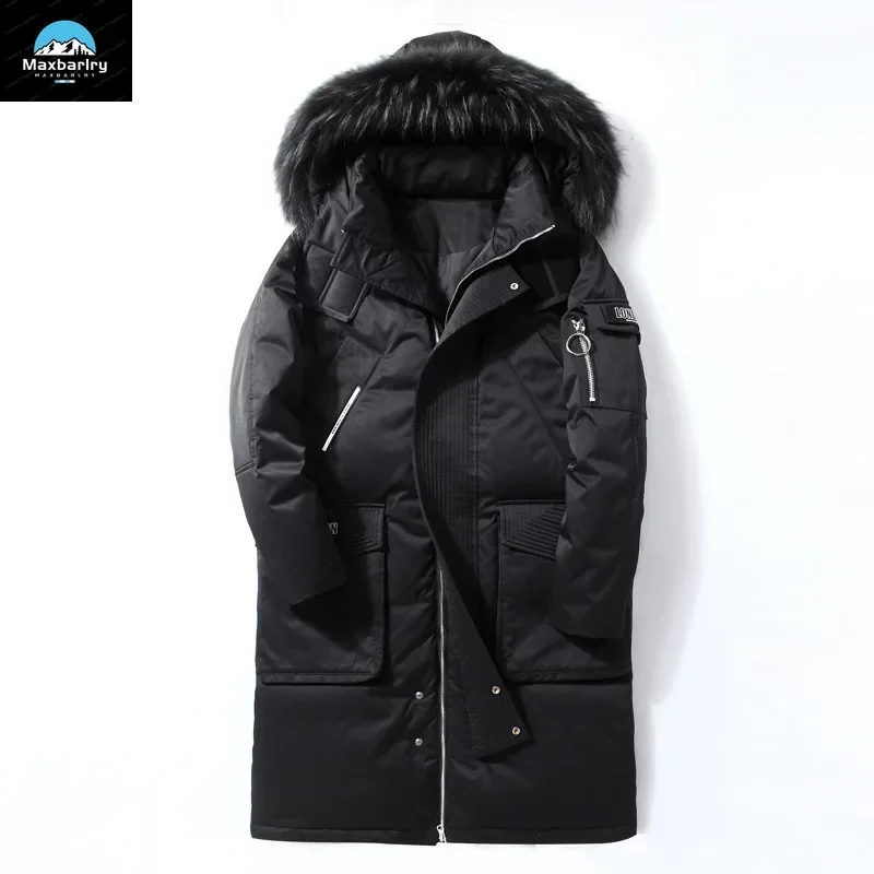 Luxury Long Down Jacket For Men's Winter Fashion Casual Fur Collar Hooded Warm Parka Coat Windproof Skiing White Duck Down Coat