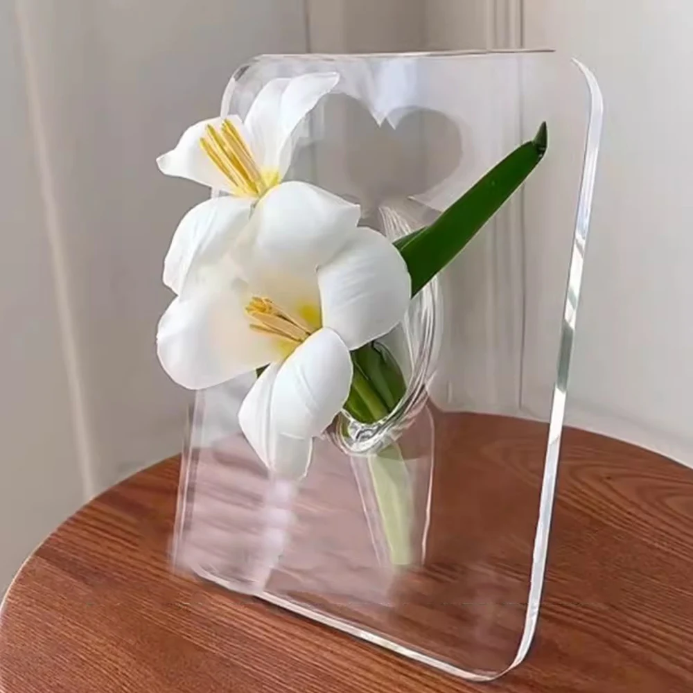 Modern Rectangle Flower Vase Ins Clear Acrylic Photo Frame Vase Office Vase Flower Holder Desktop Home Decor Valentines Day Gift