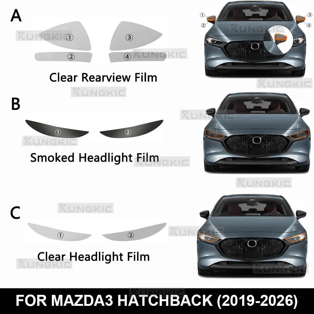 Pre‑Cut Clear PPF Paint Protection Film Decal Sticker For Mazda 3 Hatchback 2019‑2026, Car Headlight Rearview Mirror Protective
