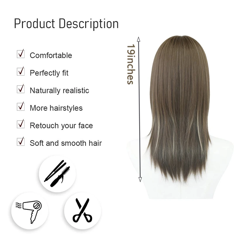 Light Ash Brown Balayage Medium Straight Wig with Bangs Realistic Hairline Glueless Synthetic Wig For Women Party Cosplay Daily