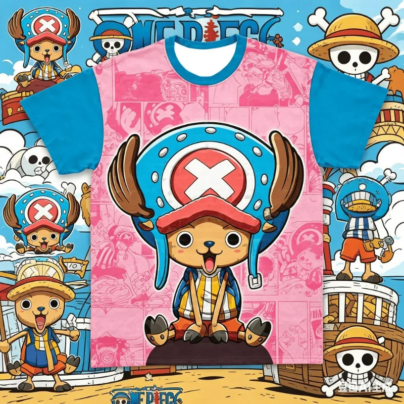 

One Piece Tony Tony Chopper Blue Hat Manga Collage Blue Sleeve T-Shirt Anime Graphic Tee