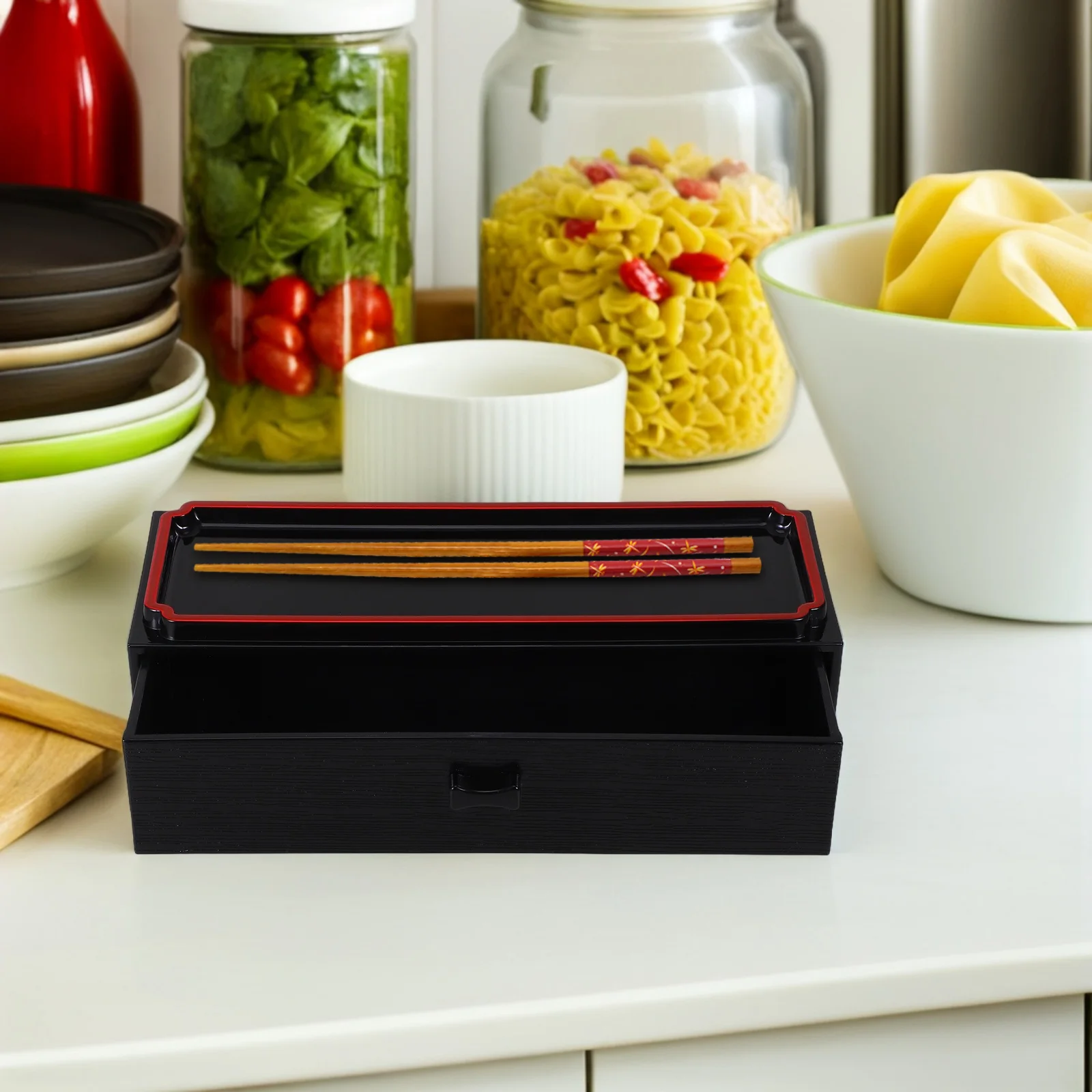 

1pcs Wood Grain Box Japanese Chopstick Box Organizer Style Black Storage Organizer Kitchen Flatware Spoon Cage Tableware Holder