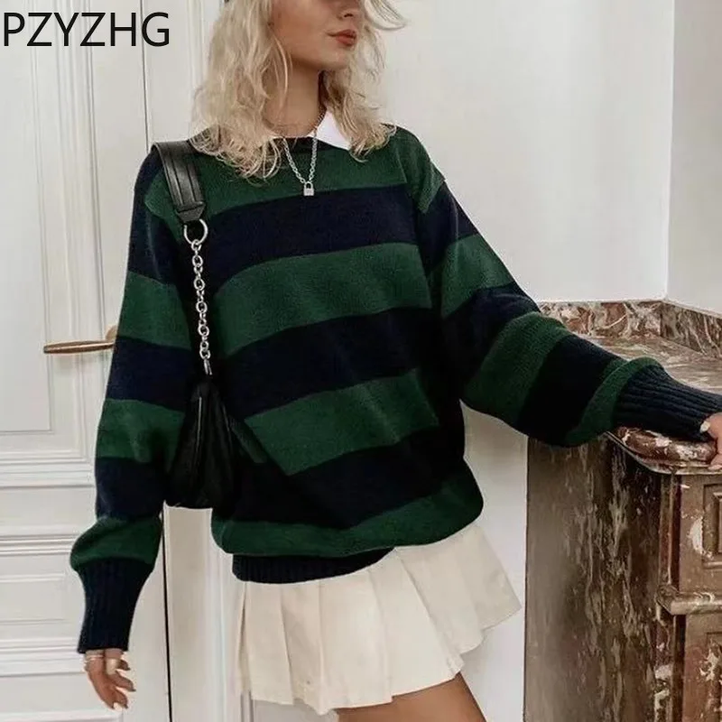 2023 Spring Cute Girls O Neck Striped Sweaters Pullover Cotton Autumn Fashion Ladies Loose Knitwear Vintage Women Chic