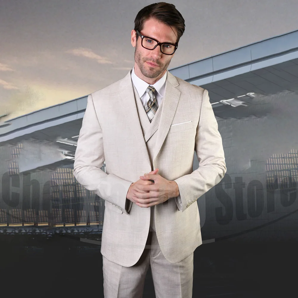 

Beige Linen Men Suits 3 Piece Notch Lapel Single Breasted Male Suit Smart Casual Fashion Wedding Tuxedos (Blazer+Vest+Pants)