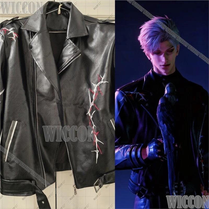 

Qinche Sylus Косплей Черная куртка из искусственной кожи Пальто Черная майка Мужская одежда Карнавальный наряд Серебряный парик Хэллоуин Игра Любовь и космос