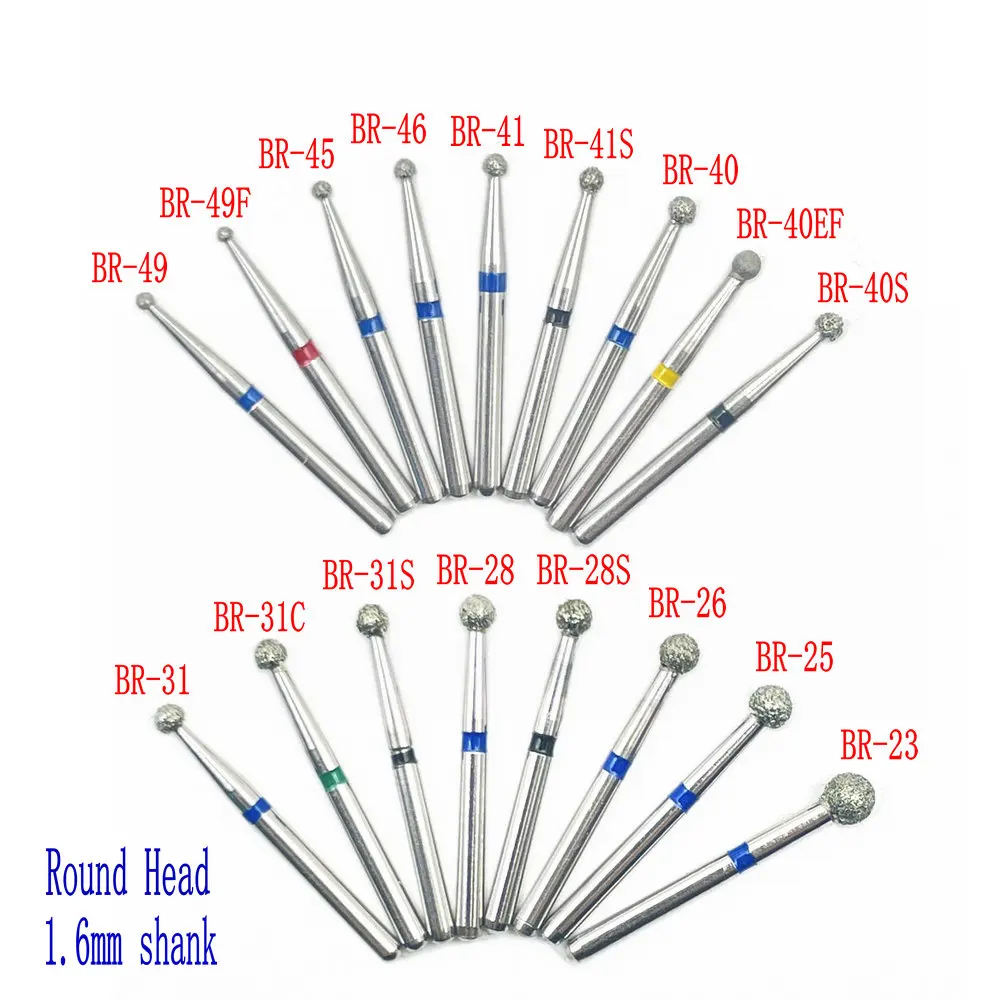 50Pcs/5Boxes Dental Diamond Ball Round Burs Dental High Speed Handpiece Burs Dental Diamond Burs 1.6mm Shank BR Series