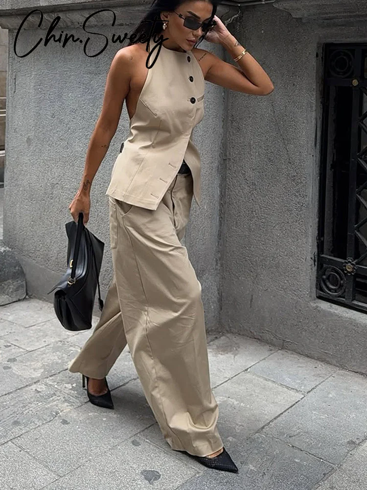

Элегантный топ с лямкой на шее, женские брючные костюмы без рукавов с открытой спиной, широкие брюки, женский комплект 2026, весенний шикарный женский комплект из 2 предметов, новинка