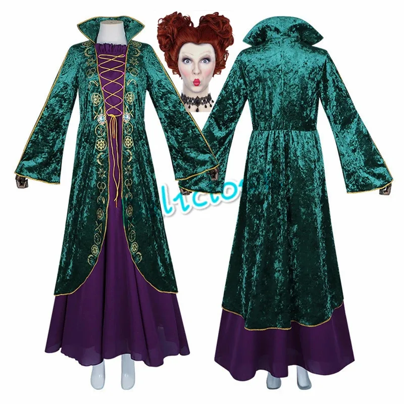Halloween Hocus Pocus Winifred Sanderson Cosplay reina disfraz Medieval peluca vestido gótico Retro conjunto de peluca roja femenina