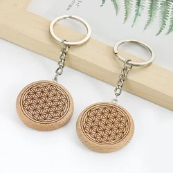 Vintage Wood Flower of Life Keychain for Men and Women Wallet Handbag Pendant Car Key Accessories Geometry Jewelry Party Gift