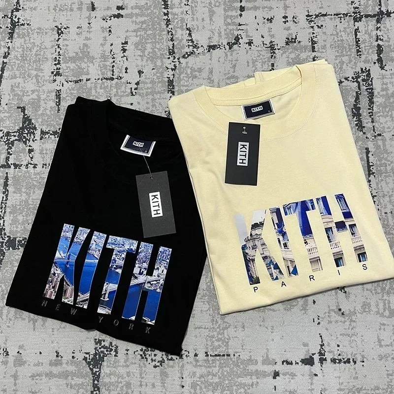 24SS KITH FW Big Logo PARIS LANDMARK TEE Men Women Loose Cotton Black Apricot White Short Sleeve High Street Kith T-Shirt