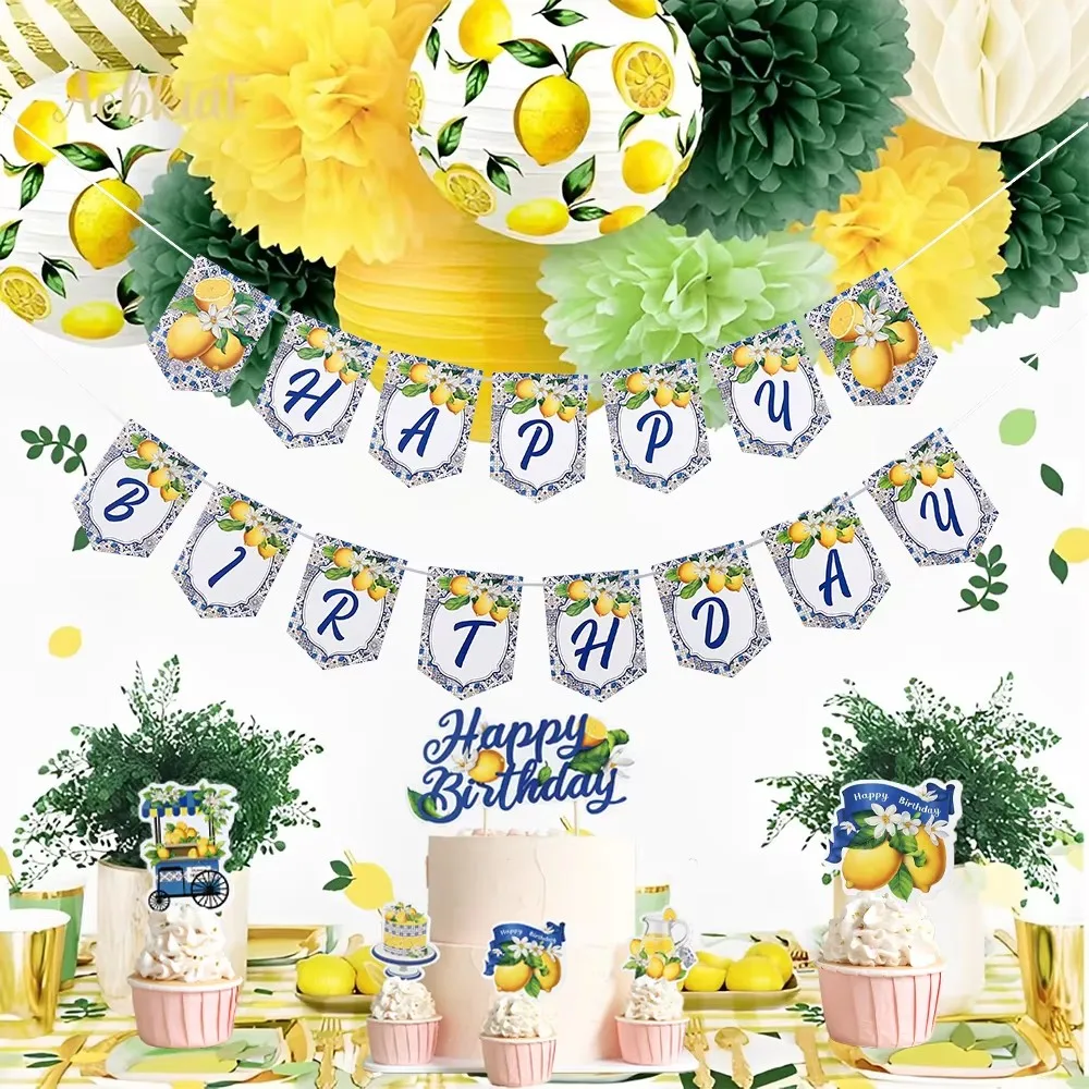 

Lemon Party Decorations Lemon Happy Birthday Banner Hanging Swirl Cupcake Insert Bridal Baby Shower Fruit Theme Party Supplies