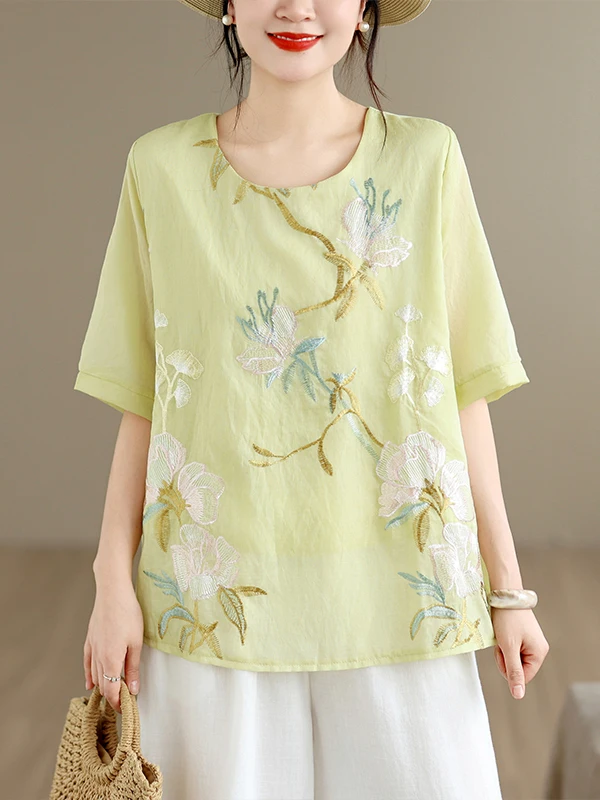 

Retro Embroidered Loose round Neck Shirt Women's Summer Slimming Top Cover Belly Artistic Style Short Sleeve Casual Shirt