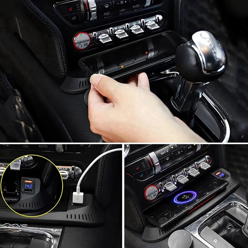 Car 15W QI Wireless Phone Charging Pad Panel Mobile Phone Fast Wireless Charger Parts Component For Ford Mustang GT 2015-2021