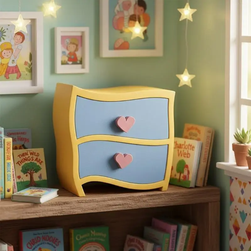 

Miniature Bedside Table 1/12 Dollhouse Love Yellow Nightstand Bedside Drawer Cabinet Doll Furniture Decor Micro Scene Model