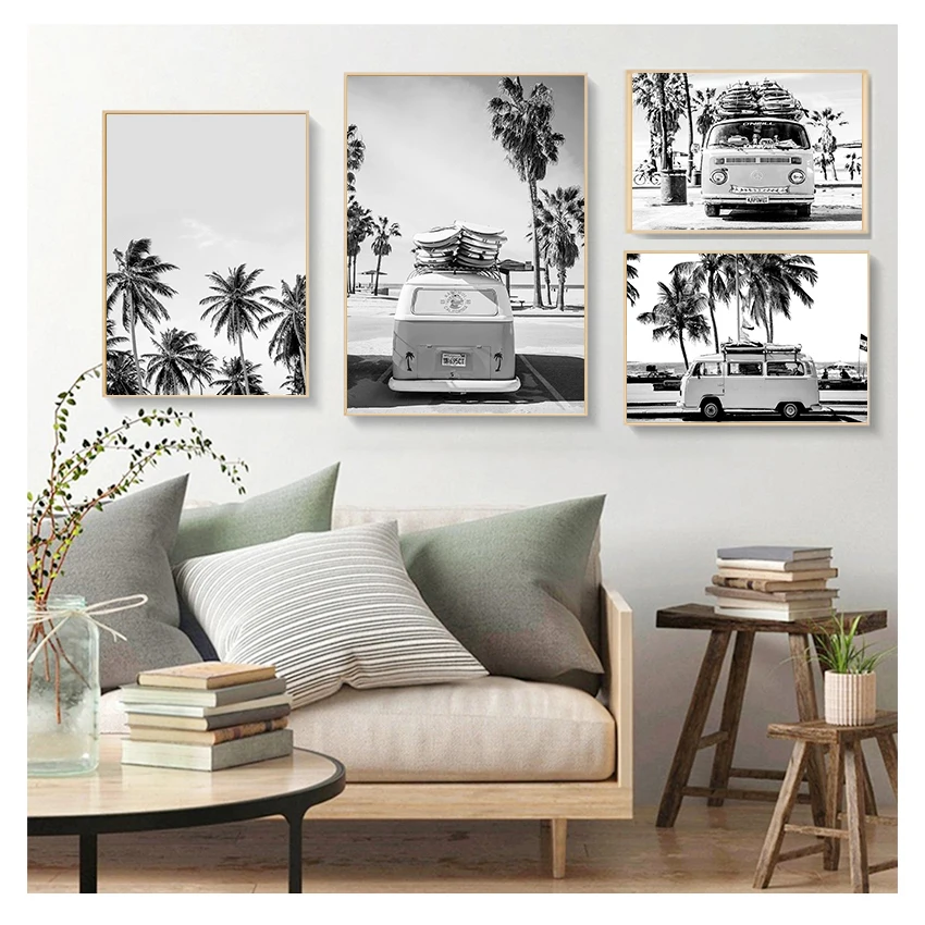 Tree Art Canvas Painting Black and White Photography Ocean Poster Boho Decor for Living Room Camper Van Beach Surf Print Palm