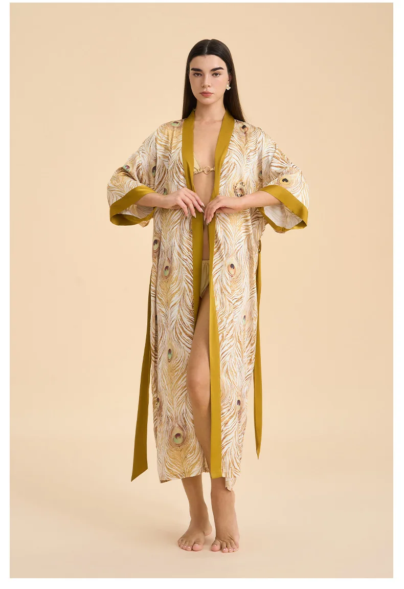 

Satin Silk Women Wedding Bridemaid Robe Sexy Peacock Feather Print Bathrobe Long Kimono Night Gown Robe Female