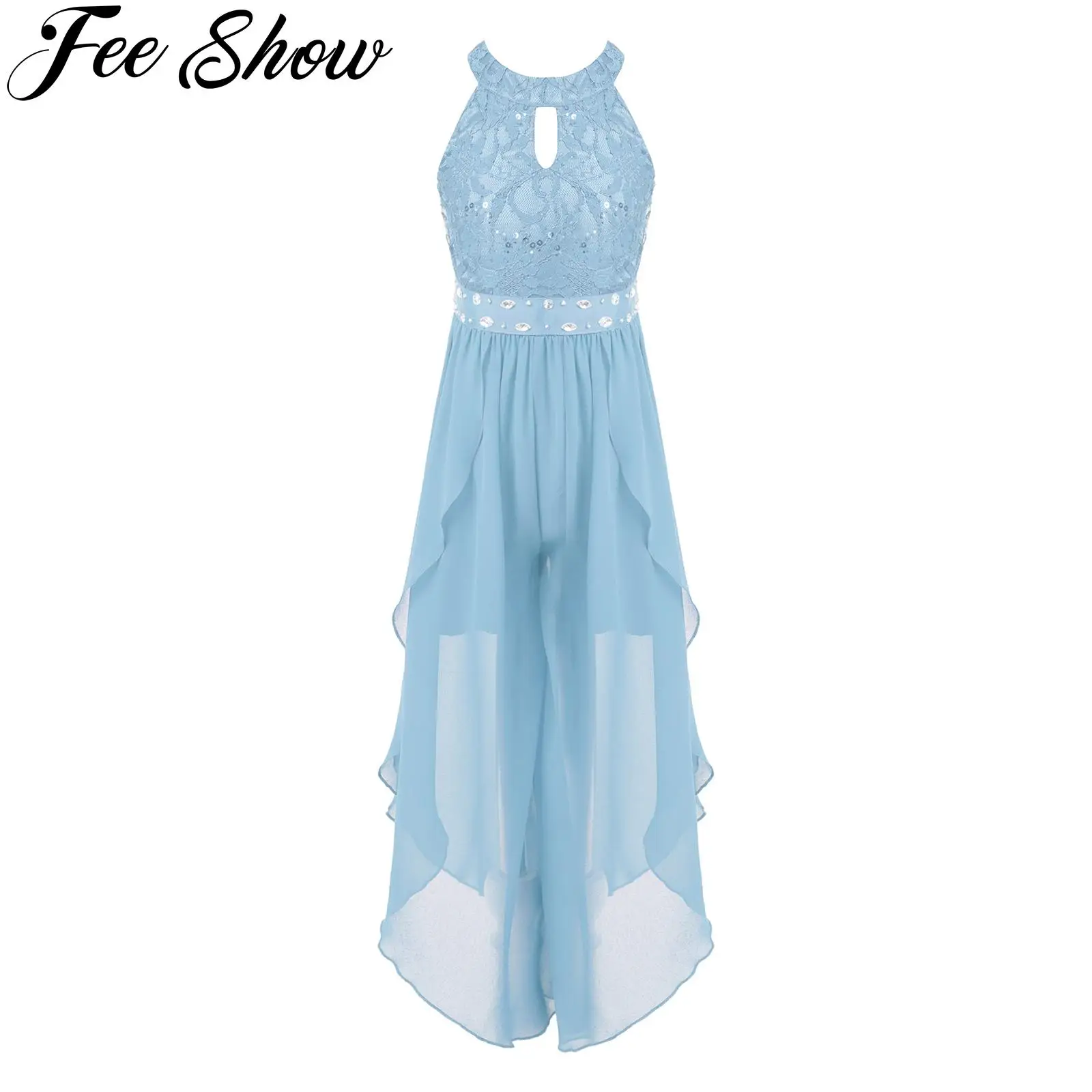 KIds Lace Chiffon Flower Girls Dress Summer Halter Beaded Waist Princess Pageant Evening Wedding Bridesmaid Birthday Party Dress