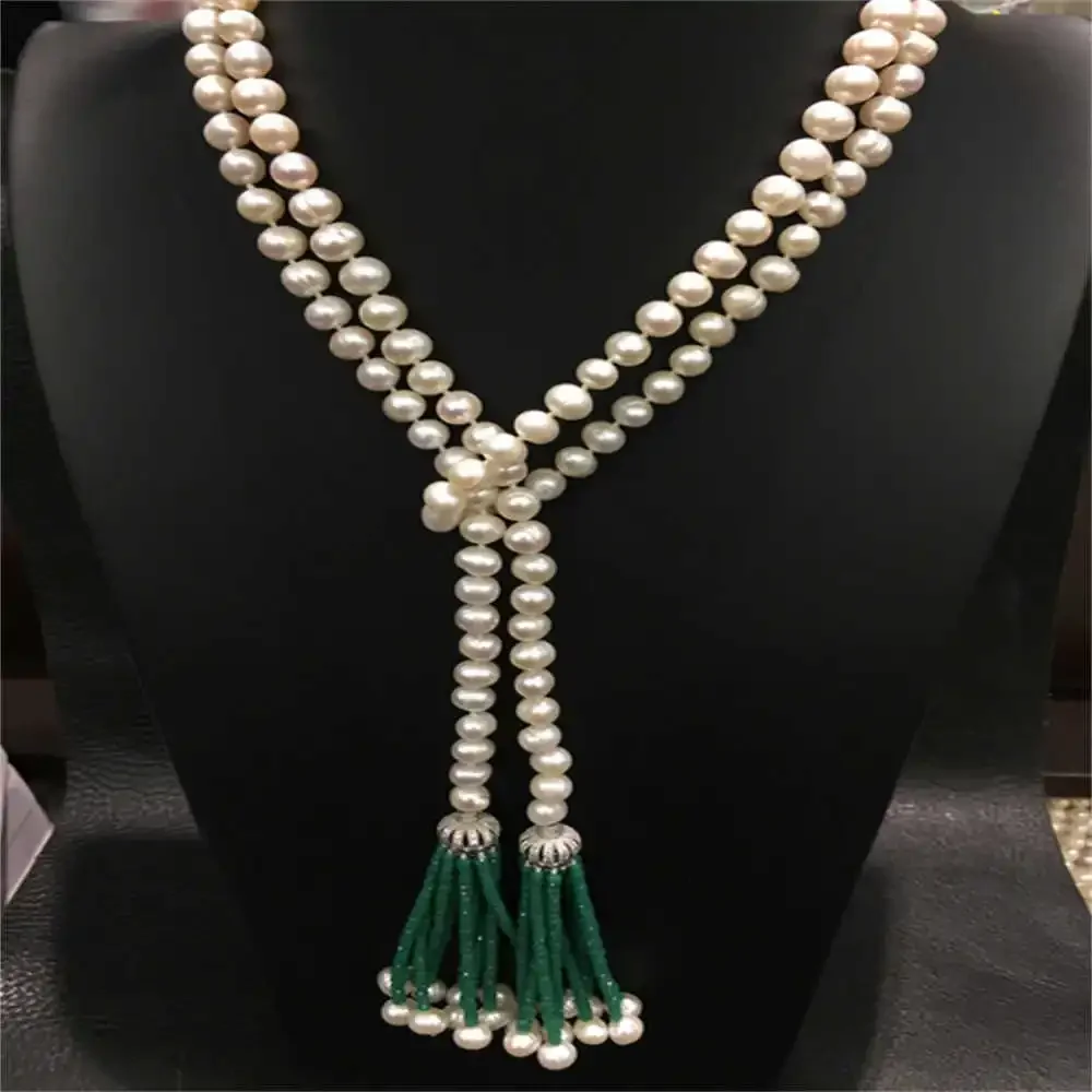 

Hand knotted 110cm long 7-8mm natural pink white freshwater pearl jade sweater chain necklace fashion jewelry