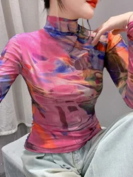 Size S-4XL Women's Long Sleeve Turtleneck Mesh T-shirt Women's Positioning Flower TShirts Female High Stretch Slim Top
