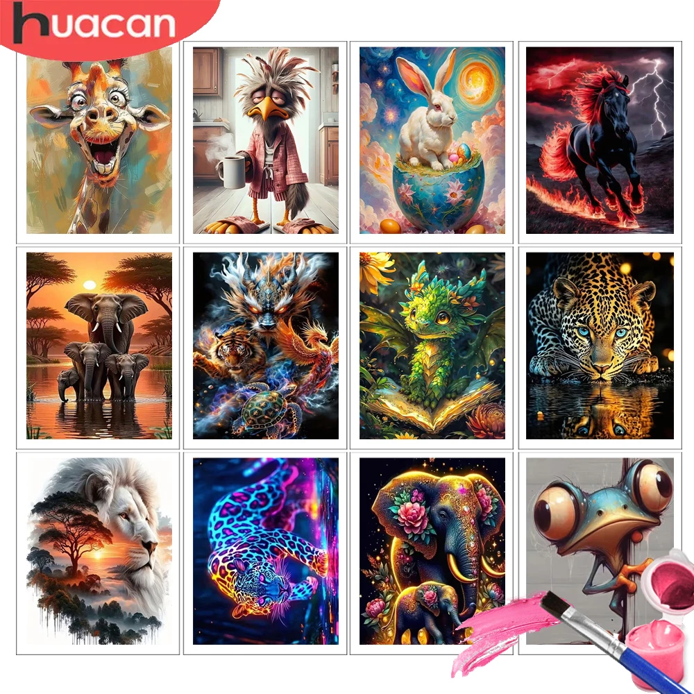 HUACAN Elephant Painting By Number Animal Forest Colorful Paint On Canvas Dragon Leopard Art Kits Paint By Drawing