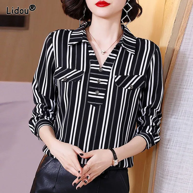 

Office Lady Thin Chiffon Striped Women's Clothing V-Neck Pockets Single Breasted Tall and Straight Women Shirt Spring Summer