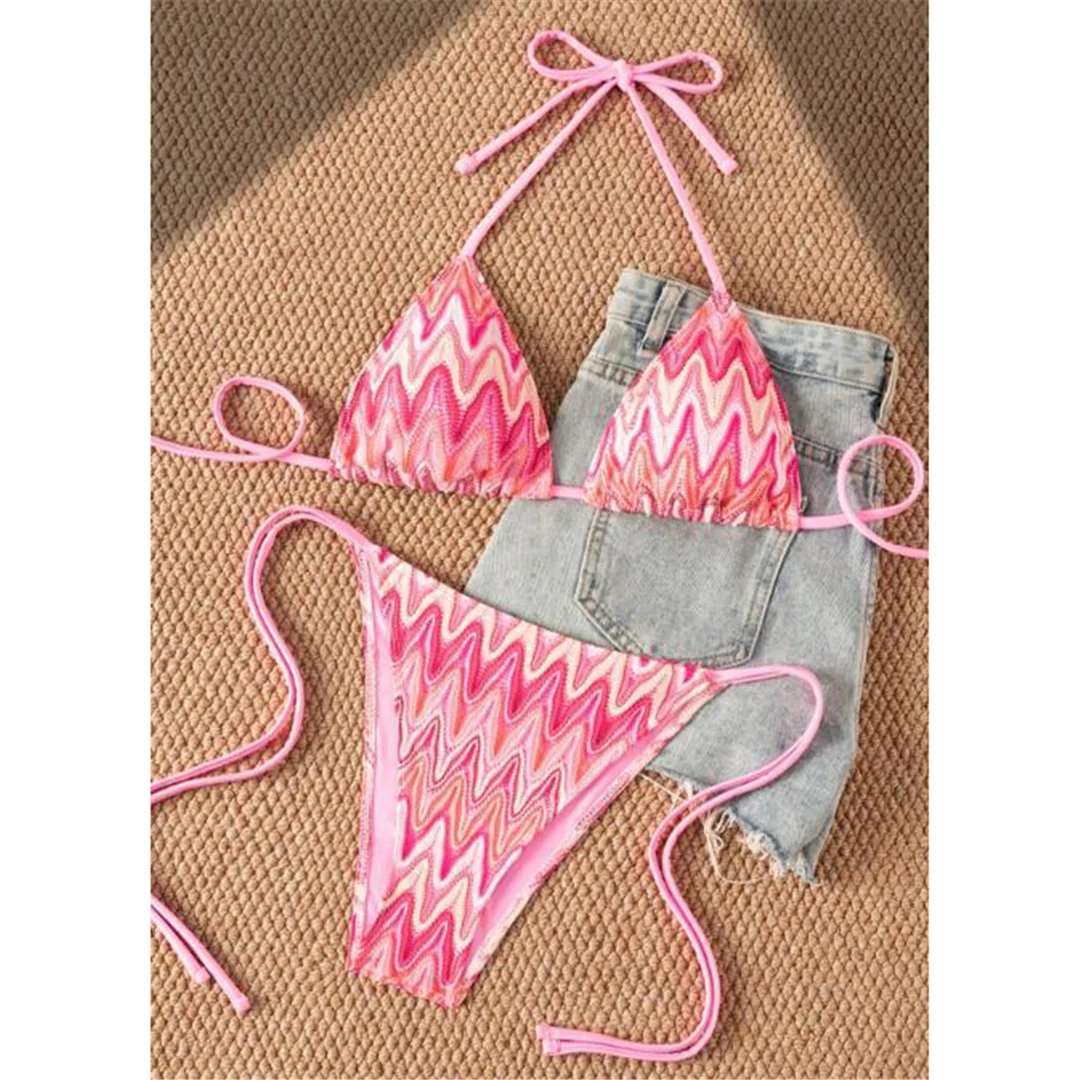 Bedruckter Neckholder-Bikini, Damen-Badeanzug, zweiteiliges Bikini-Set, hoher Beinausschnitt, mit Trägern, Badebekleidung, Badeanzug, Modell V8176. – Detail 8